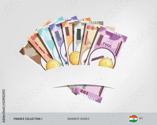 Indian Rupee banknotes set with gold coins. Isolated on background. Cash of different nominal value. Vector illustration on the topic of finance.