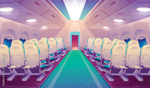 Empty airplane interior, plane salon with chairs and folding back seat tables. Vector cartoon cabin of passenger carriage transport with comfortable seats and foldable tray desk