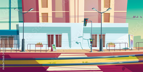 City street with car road and tram rails. Vector cartoon cityscape of empty road with traffic light, pedestrian crosswalk and railway. Urban landscape with sidewalk, building and tramway track