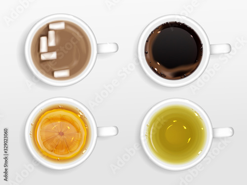 Cups of coffee, tea and cocoa top view. Vector realistic set of hot drinks in mugs, espresso, green tea and black with lemon, chocolate with milk and marshmallow isolated on white background