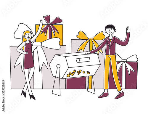 Lucky people winning prize draw. Lottery winners turning raffle drum and getting gift boxes. Vector illustration for fortune, gambling, lotto, success concept