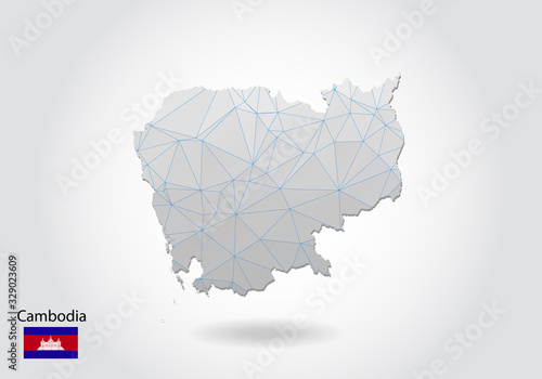 Vector map of cambodia with trendy triangles design in polygonal style on dark background, map shape in modern 3d paper cut art style. layered papercraft cutout design.