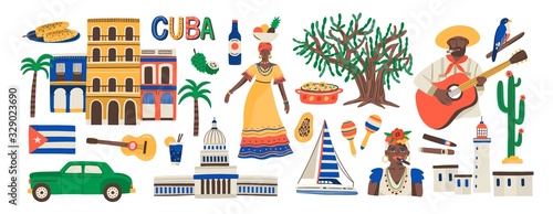 Set of various traditional Cuba colorful attributes vector flat illustration. Collection of Cuban culture, ethnic people, architecture, cigar, musical instrument, rum, fruits, flag isolated on white