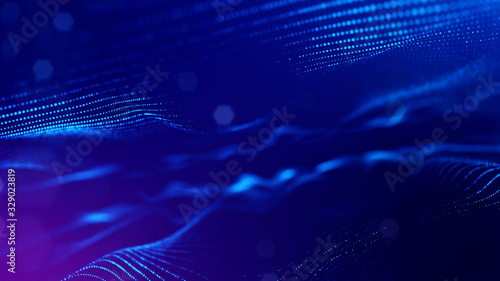 Fotografie 3d rendering background of microworld or sci-fi theme with glowing particles form curved lines, 3d surfaces, grid structures with depth of field, bokeh