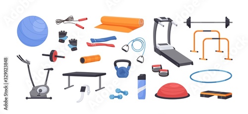 Set of colored various gym equipment vector graphic illustration. Collection of sport training apparatus, dumbbells, jump rope, aerobic ball, mat isolated on white background photo