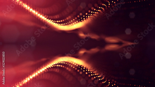 3d rendering background of microworld or sci-fi theme with glowing particles form curved lines, 3d surfaces, grid structures with depth of field, bokeh. Golden red wave symmetric forms