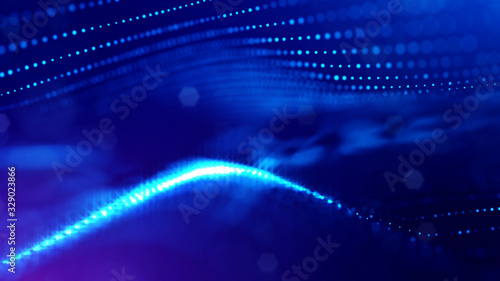 3d rendering background of microworld or sci-fi theme with glowing particles form curved lines, 3d surfaces, grid structures with depth of field, bokeh. Deep blue wave forms © Green Wind