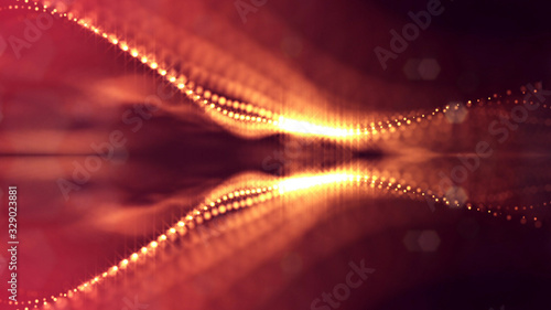 3d rendering background of microworld or sci-fi theme with glowing particles form curved lines, 3d surfaces, grid structures with depth of field, bokeh. Golden red wave symmetric forms photo