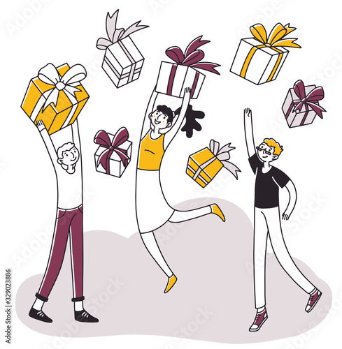 Loyal store customers getting reward. Young people celebrating, holding gifts. Vector illustration for retail, loyalty program, promotion, bonus concept
