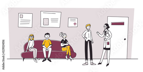Patient visiting medical practitioner office in hospital. Queue of people waiting therapist appointment in clinic. Vector illustration for doctor, healthcare, medicine, health, medical worker concept
