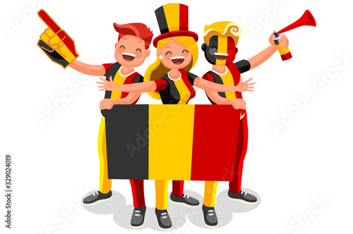 Belgium flag  Belgian people Crowd of persons celebrate national. Celebrating a football team. Soccer symbol and victory celebration. Sports cartoon symbolic flat vector illustration
