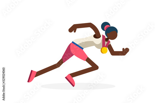 Olympic runner track and field running team. Black Female person celebrate summer games athletics medal. Sportive people celebrating athlete symbol victory celebration. Sports cartoon symbolic