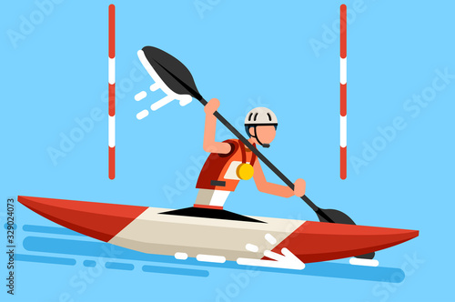 Olympic canoeing kayak team. Canoeist Male of person celebrate summer games athletics medal. Sportive people celebrating athlete symbol victory celebration. Sports cartoon symbolic flat illustration.