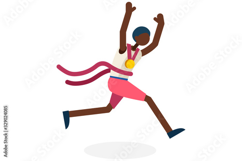 Olympic Male person celebrate summer games athletics medal. Sportive people celebrating track and field running team. Black runner athlete symbol victory celebration. Sports cartoon symbolic.