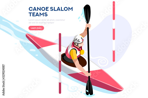 Olympic canoeing kayak team. Canoeist Male of person celebrate summer games athletics medal. Sportive people celebrating athlete symbol victory celebration. Sports cartoon symbolic flat illustration.