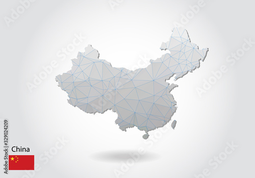 Vector map of china with trendy triangles design in polygonal style on dark background, map shape in modern 3d paper cut art style. layered papercraft cutout design.