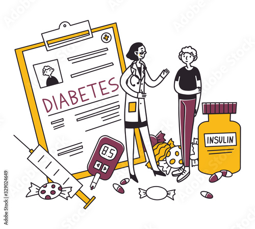 Diabetes patient diagnostic. Young man consulting doctor, insulin, sugar, syringe flat vector illustration. Healthcare, treatment, disease concept for banner, website design or landing web page