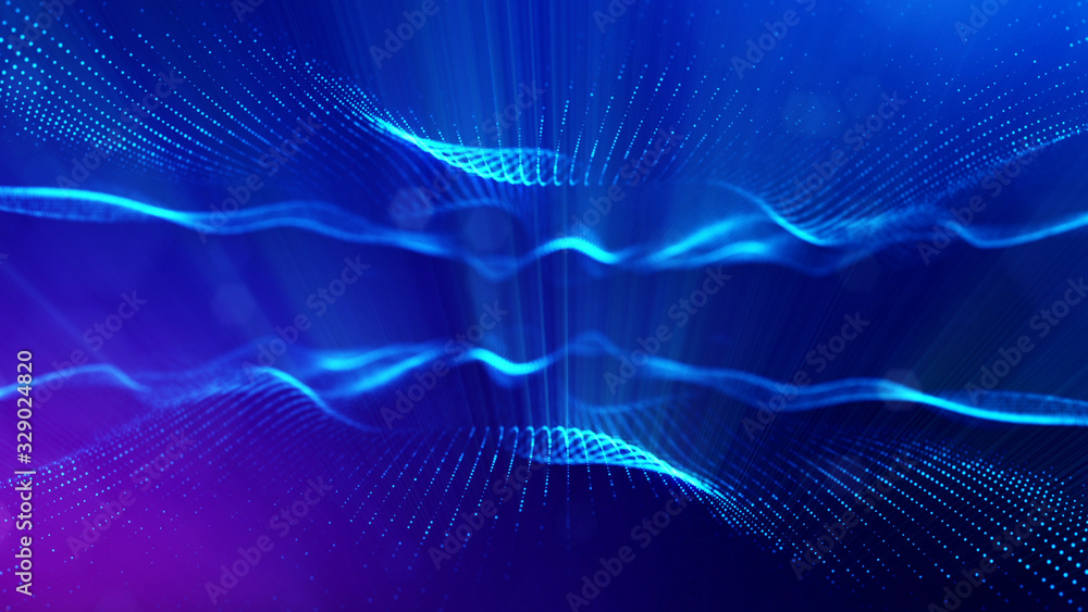 3d rendering background of microworld or sci-fi theme with glowing particles form curved lines, 3d surfaces, grid structures with depth of field, bokeh. Deep blue wave forms 3d rendering background of microworld or sci-fi theme with glowing particles form curved lines, 3d surfaces, grid structures with depth of field, bokeh. Deep blue wave forms