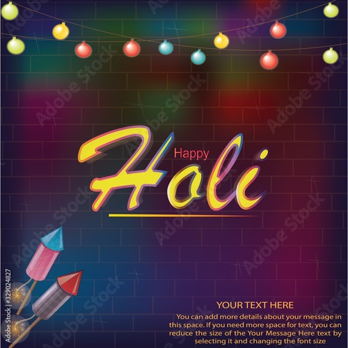 Colorful illustration wish of Happy Holi with neon lighting effect