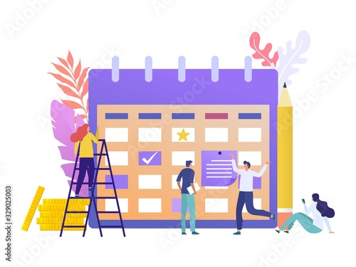 business planning agenda reminder vector illustration concept, group of happy employee write schedule on sticky notes can use for, landing page, template, ui, web, homepage, poster, banner, flyer