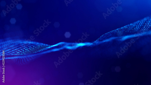 3d rendering background of microworld or sci-fi theme with glowing particles form curved lines, 3d surfaces, grid structures with depth of field, bokeh. Deep blue wave forms