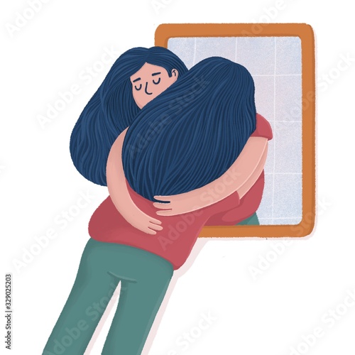 Woman hugging with her reflection in the mirror, self-acceptance, self care concept, flat raster illustration. Young woman hugging, embracing her reflection, metaphor of unconditional self acceptance