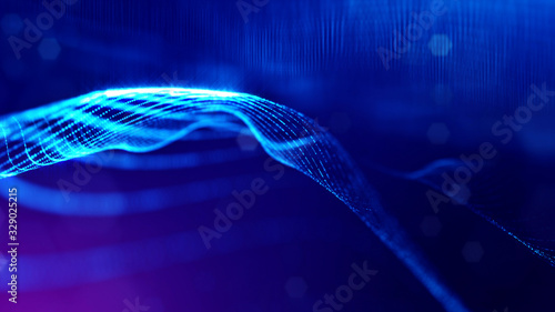 3d rendering background of microworld or sci-fi theme with glowing particles form curved lines, 3d surfaces, grid structures with depth of field, bokeh. Deep blue wave forms