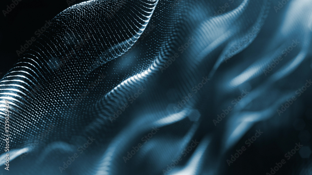 Naklejka premium 3d rendering background of microworld or sci-fi theme with glowing particles form curved lines, 3d surfaces, grid structures with depth of field, bokeh. Deep blue wave forms