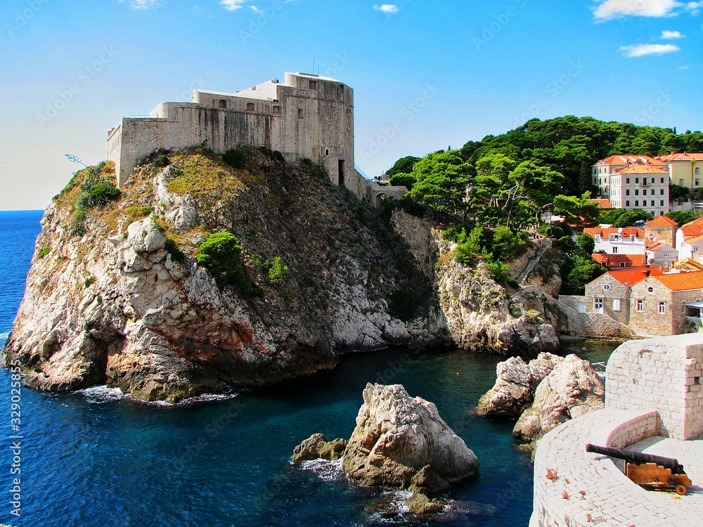 view of the old fortress and the sea on a sunny bright day, Croatia, Dubrovnik