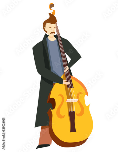 Jazz musician playing on double bass. Vector illustration in flat style isolated on white background.
