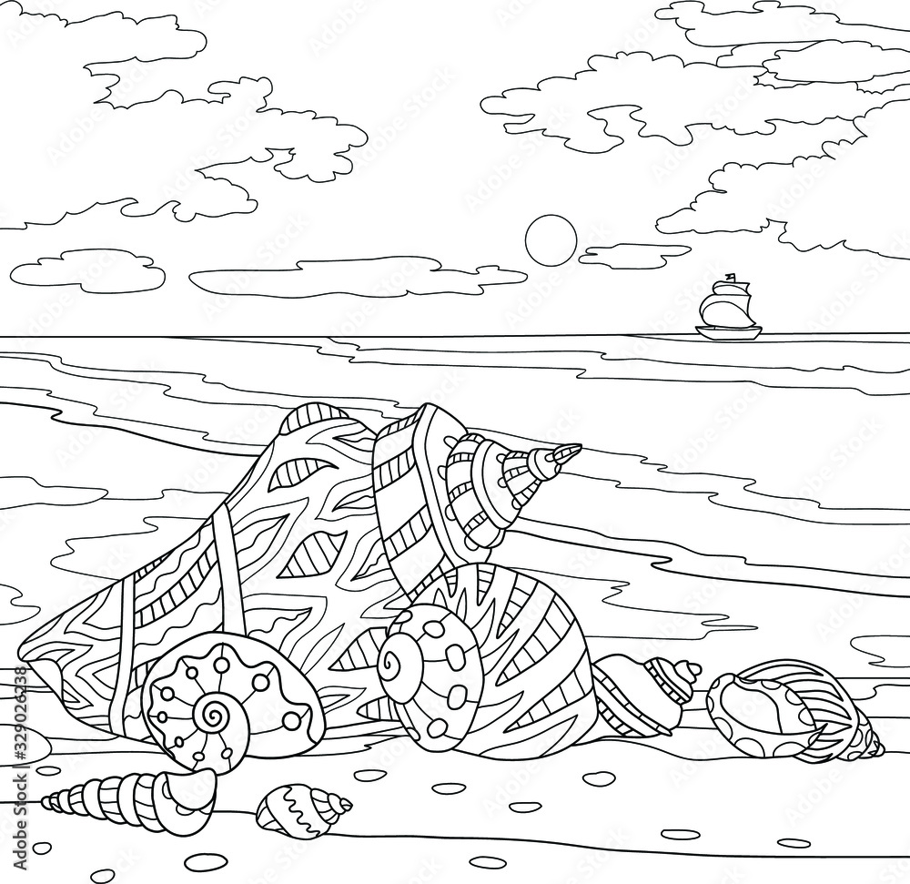 Obraz premium shells sea ship waves ocean coloring book water black and white