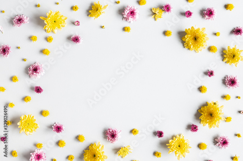 Flowers composition. Colorful flowers on gray background. Spring concept. Flat lay, top view, copy space