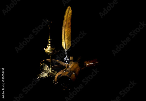 Wallpaper Mural Retro items on black background. Antique lamp, clock and feather. Low key photography. Light Painting technique. Torontodigital.ca