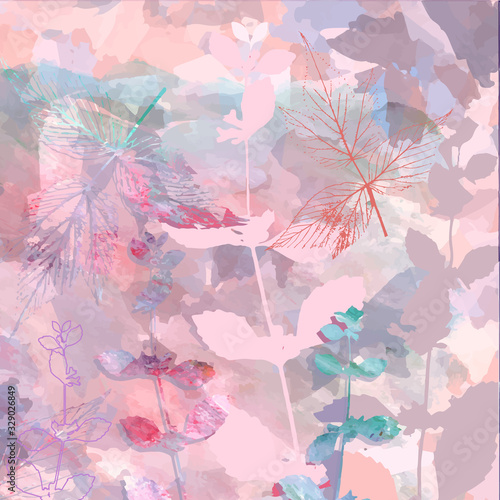 Creative artistic floral background with wild plants, leaves,  and hand paint...