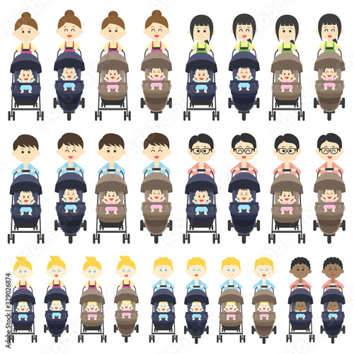 ベビーカーを押す人のイラストセット