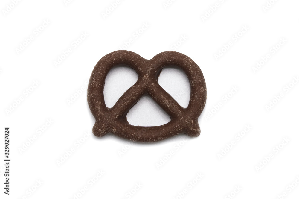 Pretzel with Chocolated biscuit flavored and coated chocolated cream on white background. Pretzel with Chocolated biscuit flavored and coated chocolated cream on white background.