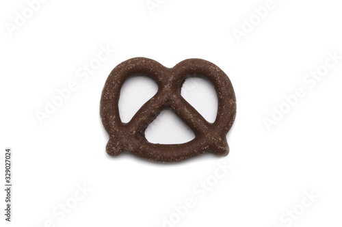 Pretzel with Chocolated biscuit flavored and coated chocolated cream on white background.