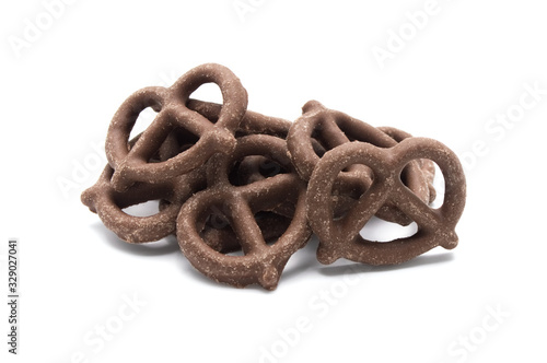 Foto Pretzel with Chocolated biscuit flavored and coated chocolated cream on white background