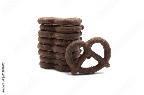 Pretzel with Chocolated biscuit flavored and coated chocolated cream on white background.