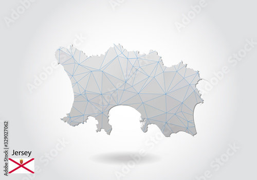 Vector map of Jersey with trendy triangles design in polygonal style on dark background, map shape in modern 3d paper cut art style. layered papercraft cutout design.