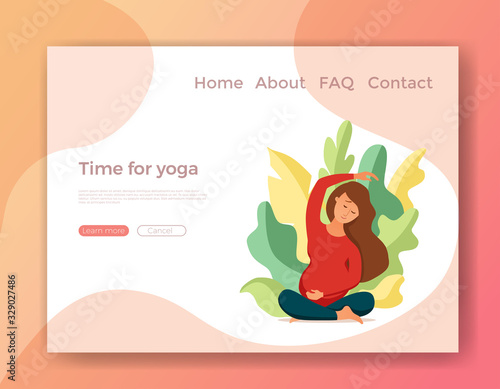 Young pregnant woman practicing yoga cartoon style vector illustration.