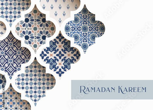 Close-up of blue ornamental arabic tiles, patterns through white mosque window. Greeting card, invitation for Muslim holiday Ramadan Kareem. Vector illustration bacground, web banner, modern design.