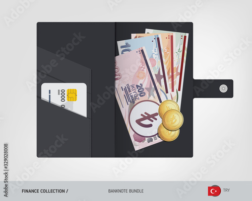 Turkish Lira banknotes set. Black leather wallet with money Turkish Lira banknotes and gold coins. Flat vector illustration on the topic of finance.