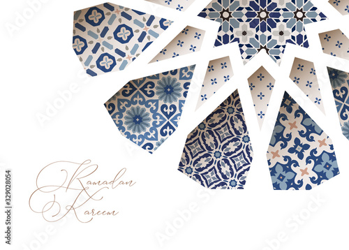 Close-up of blue ornamental Morroccan tiles through white arab star shape pattern. Greeting card, invitation for Muslim holiday Ramadan Kareem. Vector illustration bacground, web banner, modern design
