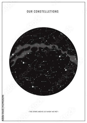 Star map of vector constellations. Poster with stars above you when you met.