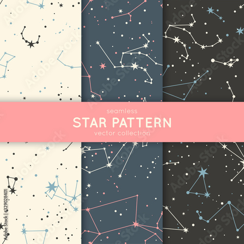 Set of seamless star pattern. Vector constellations and stars. Space galaxy backgrounds.