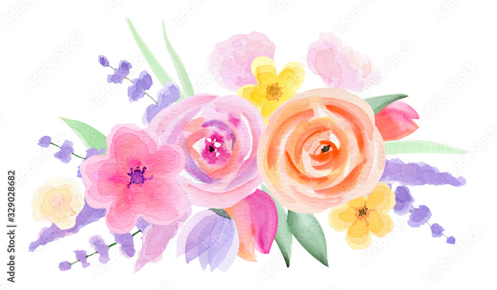 Watercolor Floral Wedding Arrangemets. Floral Clipart. Hand-painted Pink, purple tender Flower card. Floral Spring Frames. Romantic Bouquets. Cute Easter. DIY