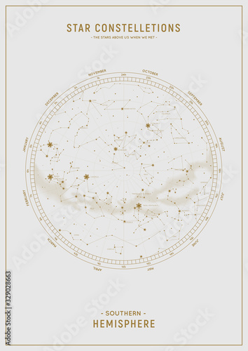 Southern hemisphere. High detailed star map of vector constellations. Gold astrological celestial map with symbols and signs of zodiac