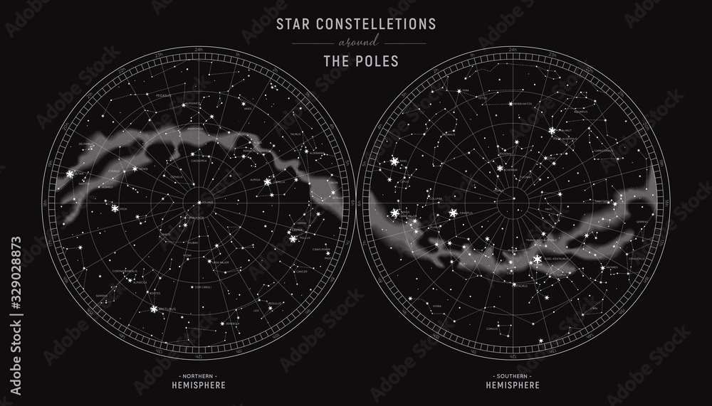 Naklejka premium Konstelacje gwiazd wokół biegunów. Szczegółowa mapa gwiazd północnej i południowej z symbolami i znakami zodiaku. Astrologiczna mapa nieba