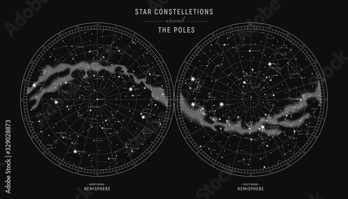 Star constellations around the poles. Nothern and Southern high detailed star map with symbols and signs of zodiac. Astrological celestial map photo